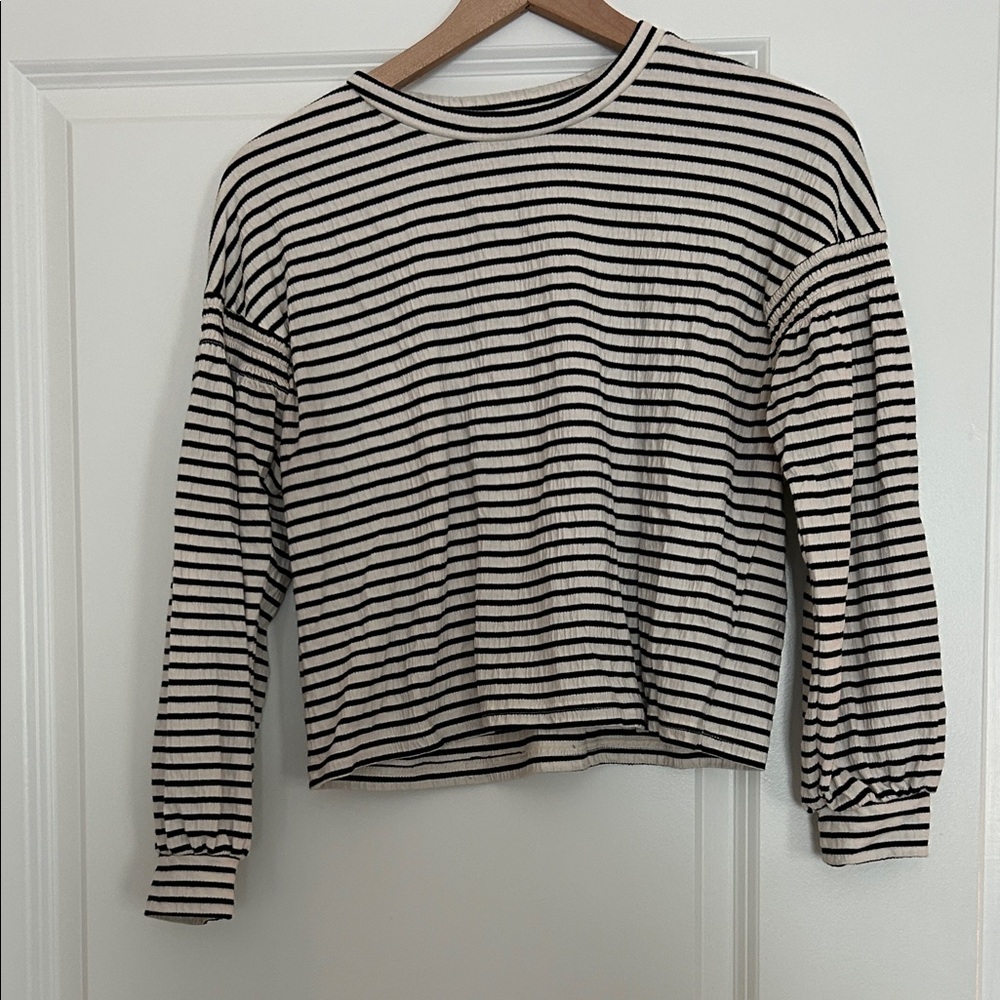 Banana Republic Black and Cream Striped Crewneck Top